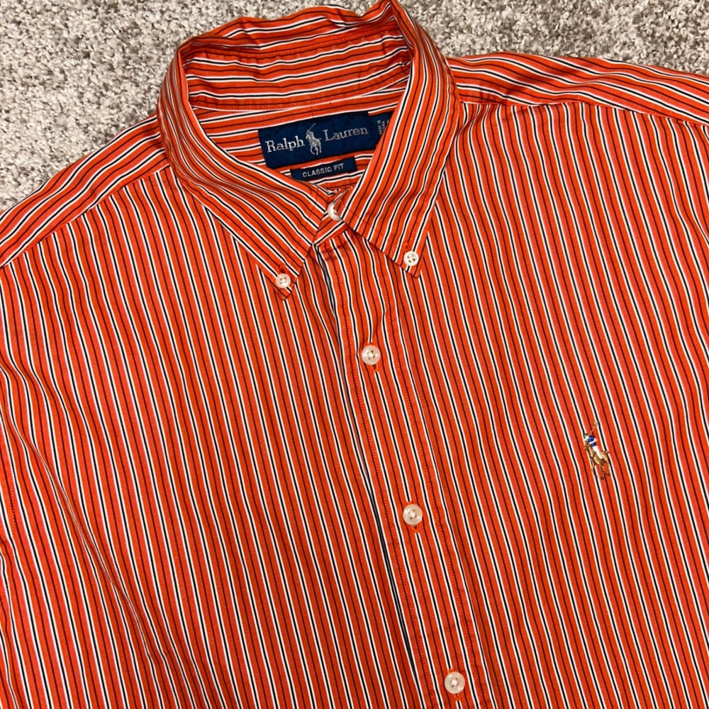 Ralph Lauren Orange Stripe Button Down Shirt Men Large Classic Fit Color‎ Pony